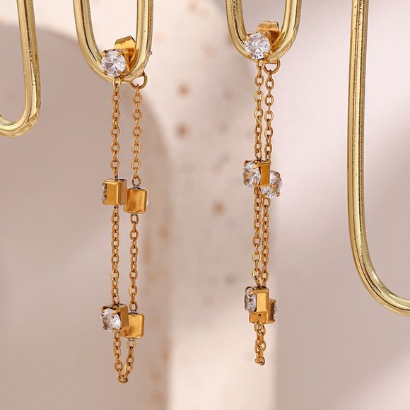 18K Gold Plated Chic Geometric Zircon Chain Drop Earrings Stainless Steel - Picture 5 of 9